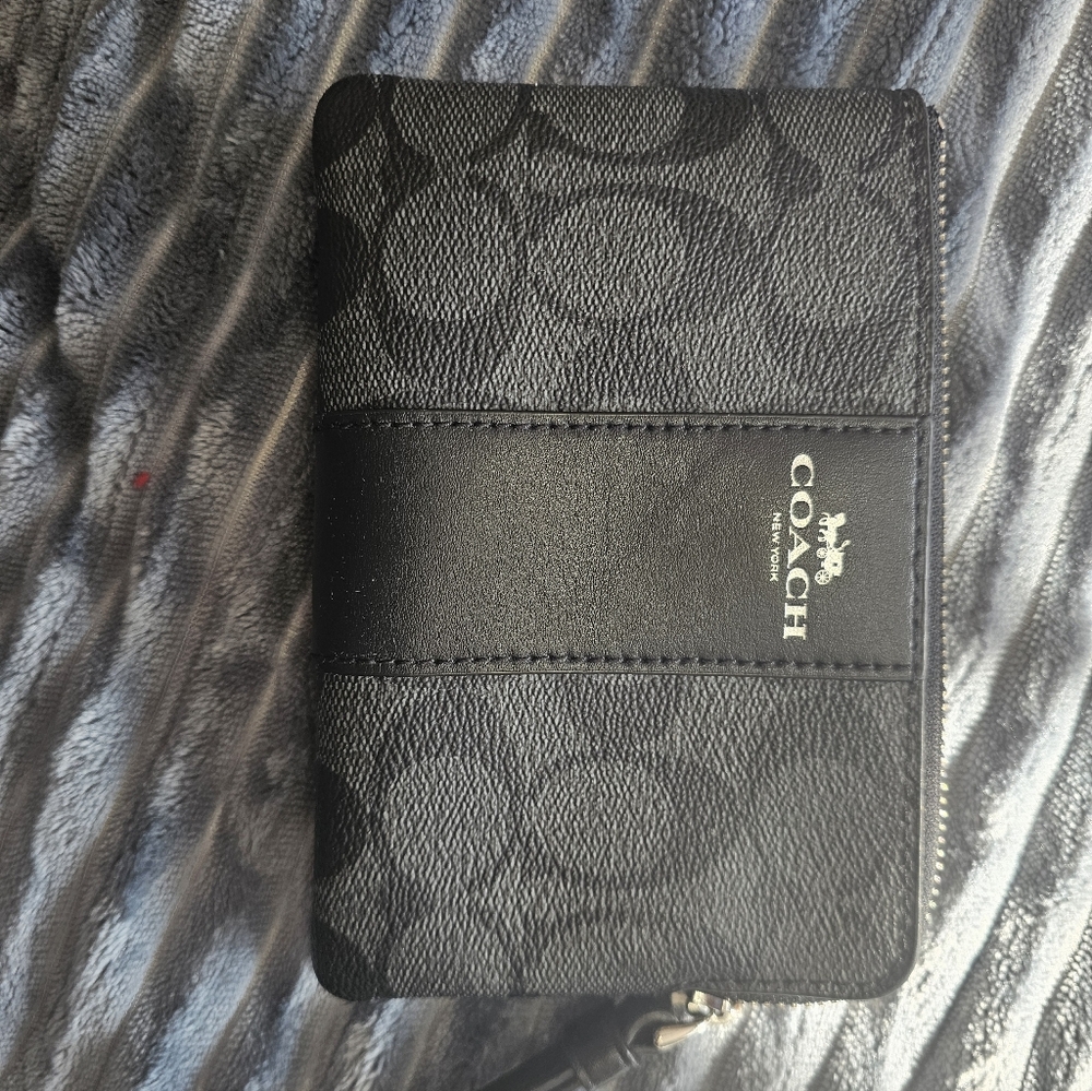 COACH Brand Zippered Wristlet Wallet - Signature Black PVC Leather